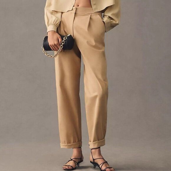 Anthropologie EXQUISE Pants Rolled Hem Chinos Womens XS Relaxed High Rise Tan - Picture 1 of 13